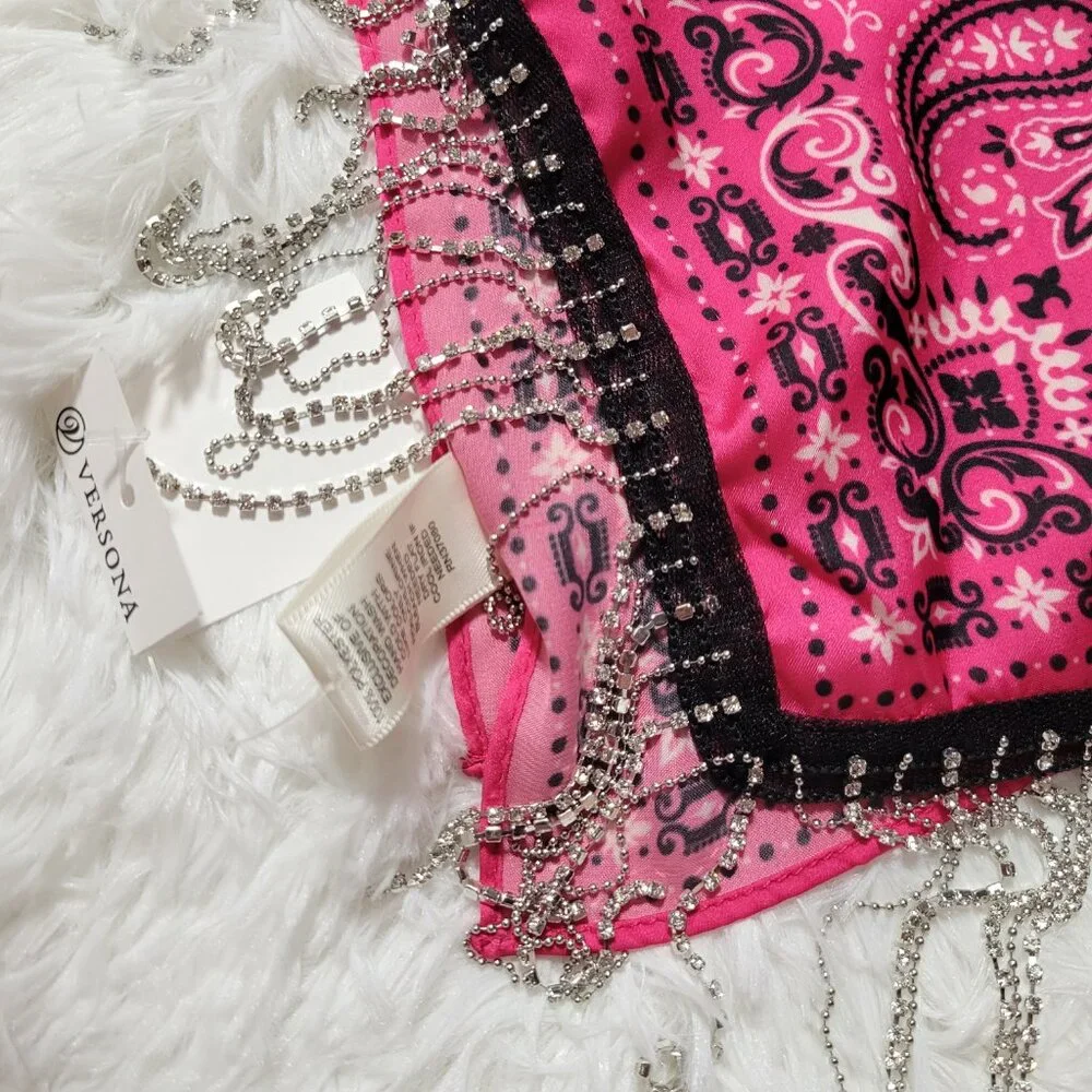 Versona Pink Bandana Scarf with Bling Fringe